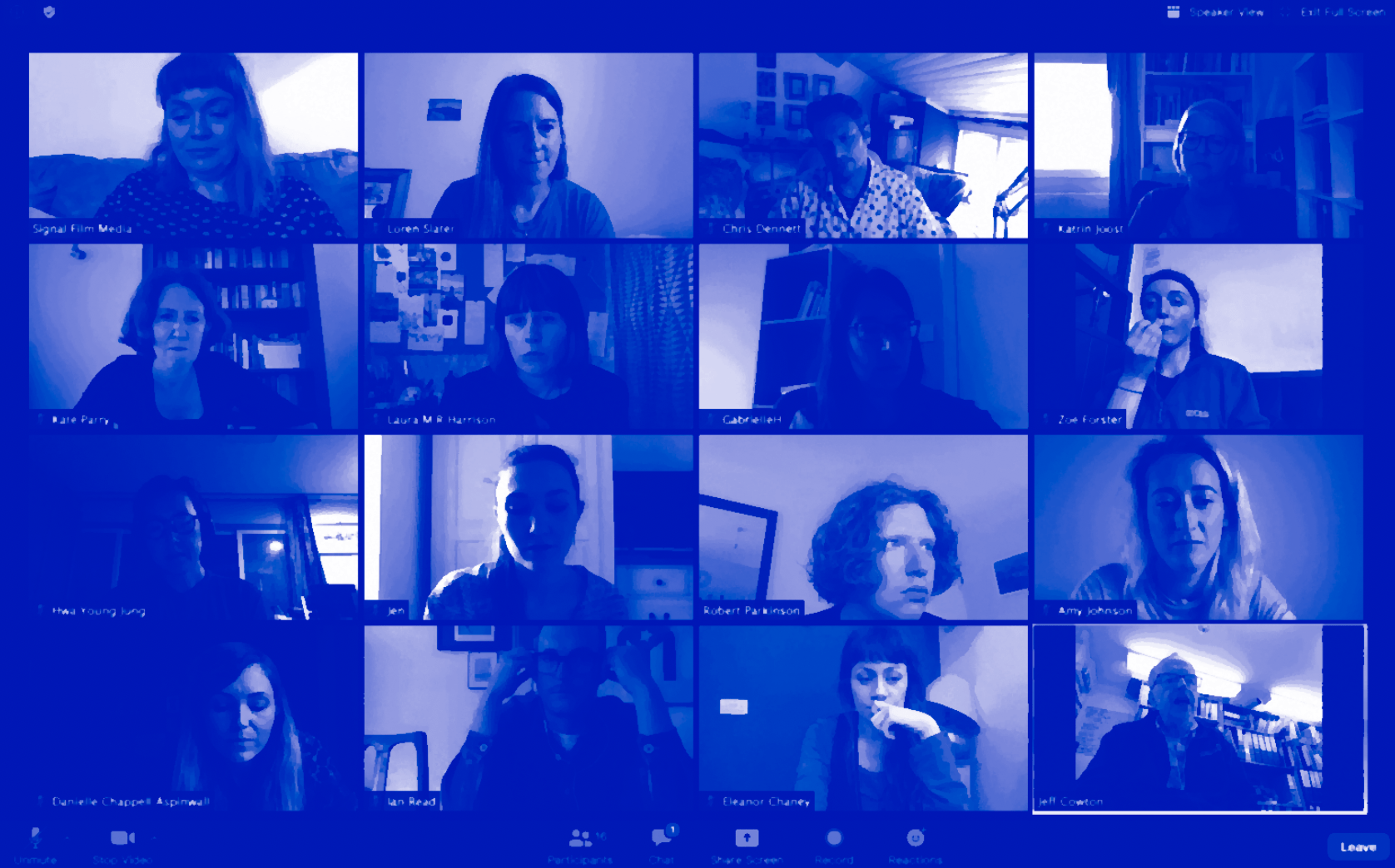 A blue screenshot of many people on a zoom video call.