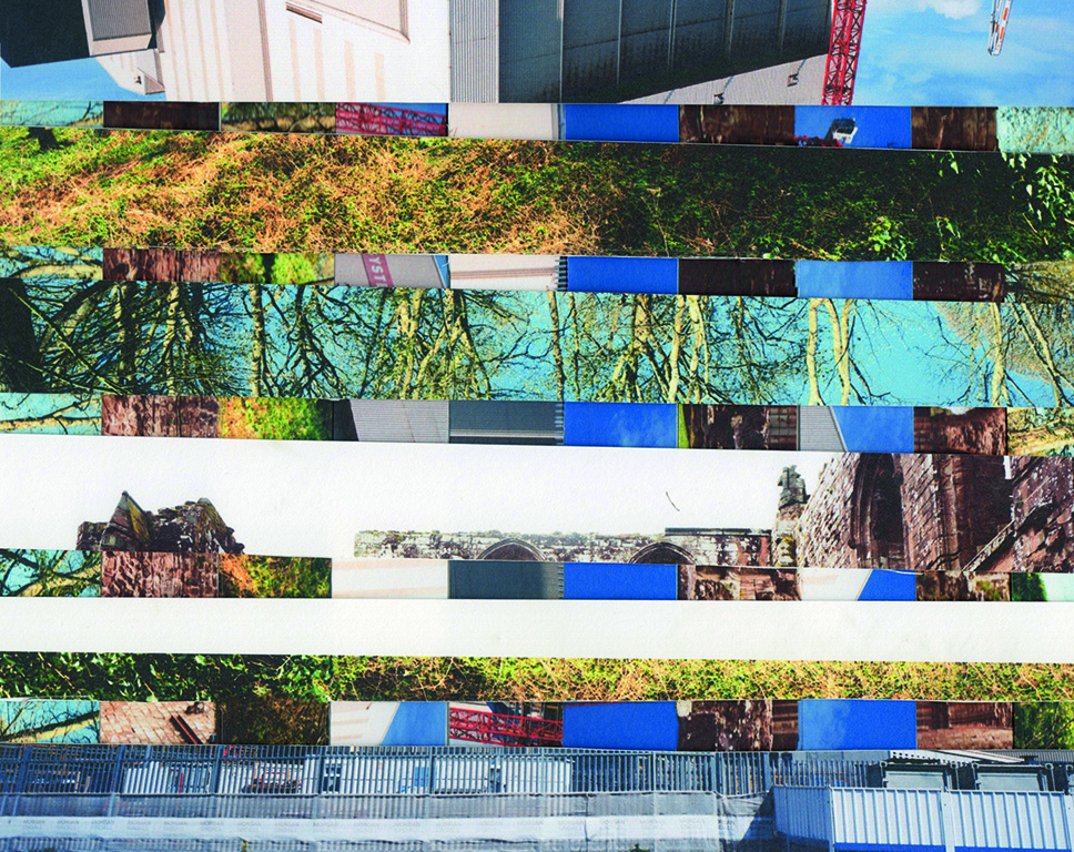 A colour photograph of a collage of different photographs split into horizontal strips. The different photographs that have been cut up in to the collage inlclude an upside down building, a patch of grass, some trees and furness abbey.
