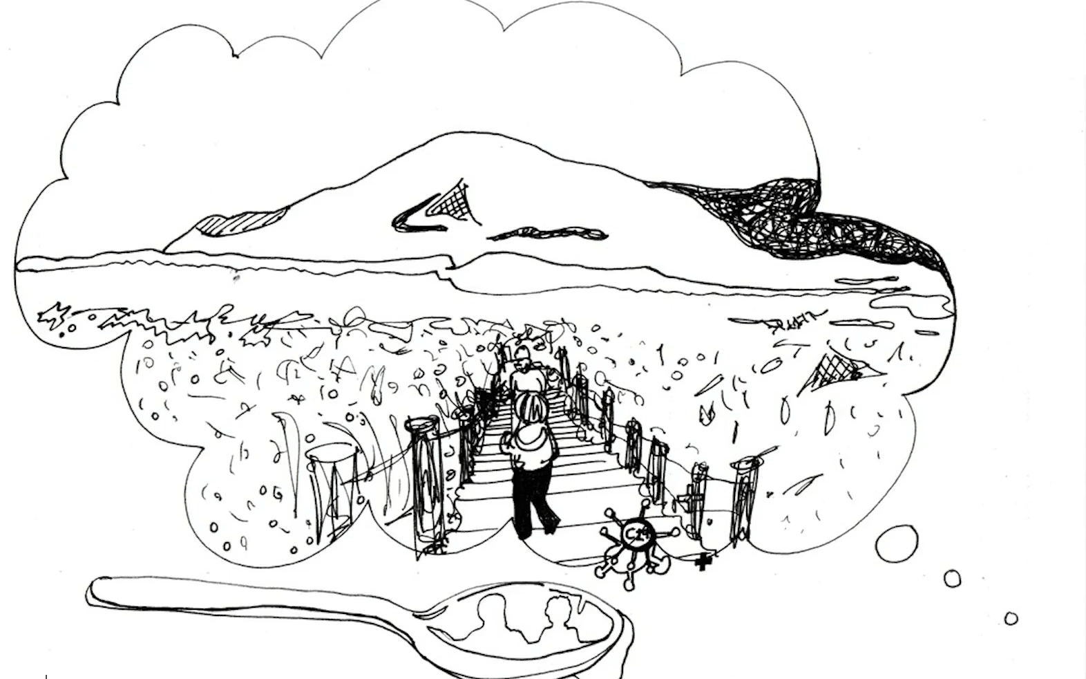 A black and white hand drawing of two children running down a path towards the beach. The drawing is within a cloud thought bubble illustration.