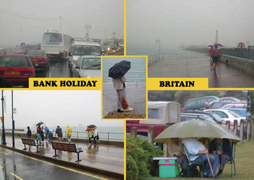 A postcard showing 4 images of different scenes with people under umbrellas sheltering from the rain. The title reads 'Bank Holiday Britain'.