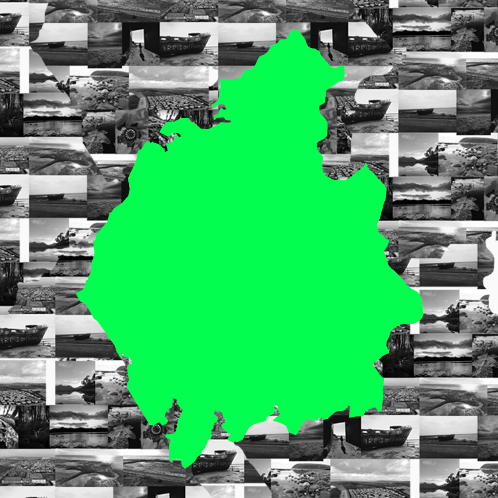 A photograph collage of black and white photographs collaged together. Over the top is a bright green illustration of the cumbrian county.