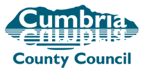 A blue and white cumbria county council logo